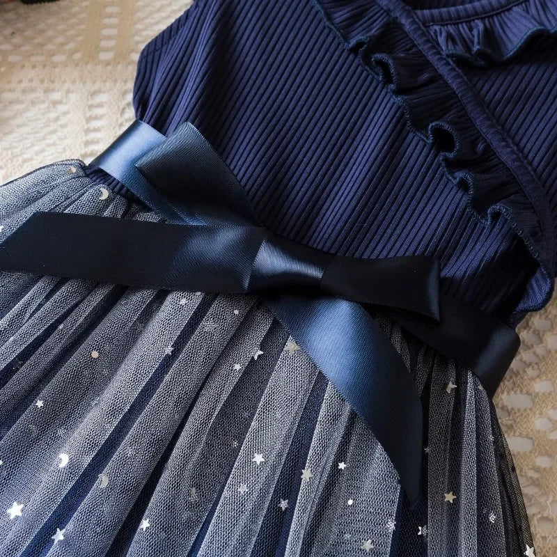 New Children's Dress for 3-8 Yrs Summer Dress Lotus Leaf Edge Design Bow Lace Up Star Sequin Sweet  Tulle Kids Dresses for Girls - Clikcy