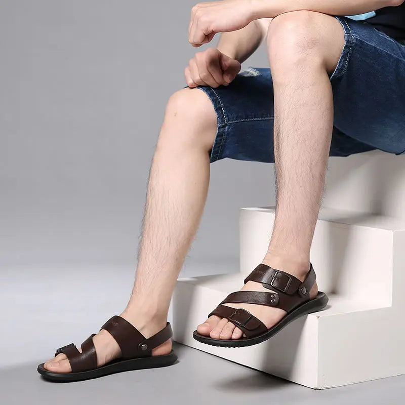 Simple Men's Sandals Solid Color PU Leather Men's Summer Shoes Casual Comfortable Open Toe Sandals Soft Beach Shoes Men's Sandal - Clikcy