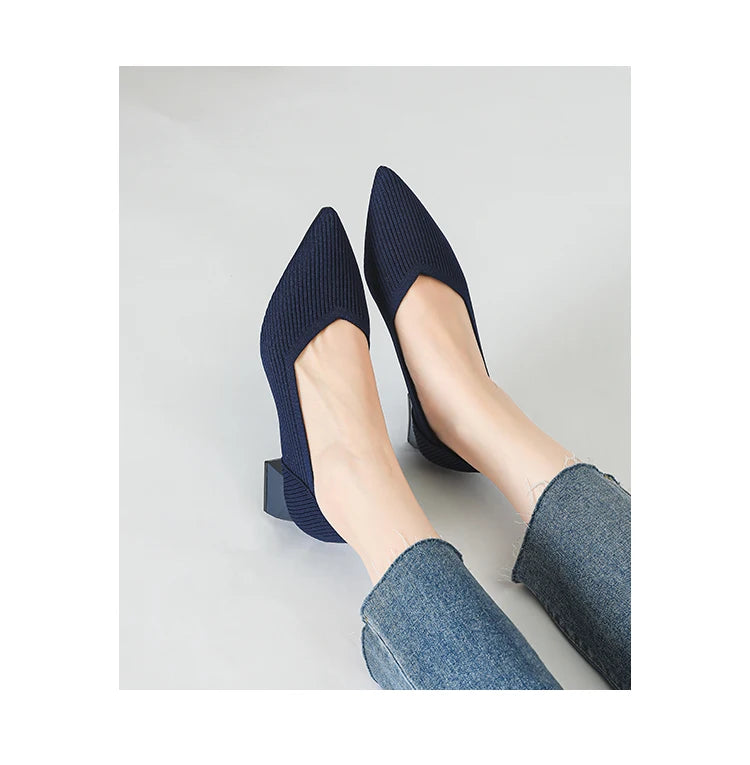 Women's large high-heeled shoes Multicolor pointy knit breathable comfortable anti-skid rubber sole work shoes 2023 new autumn - Clikcy