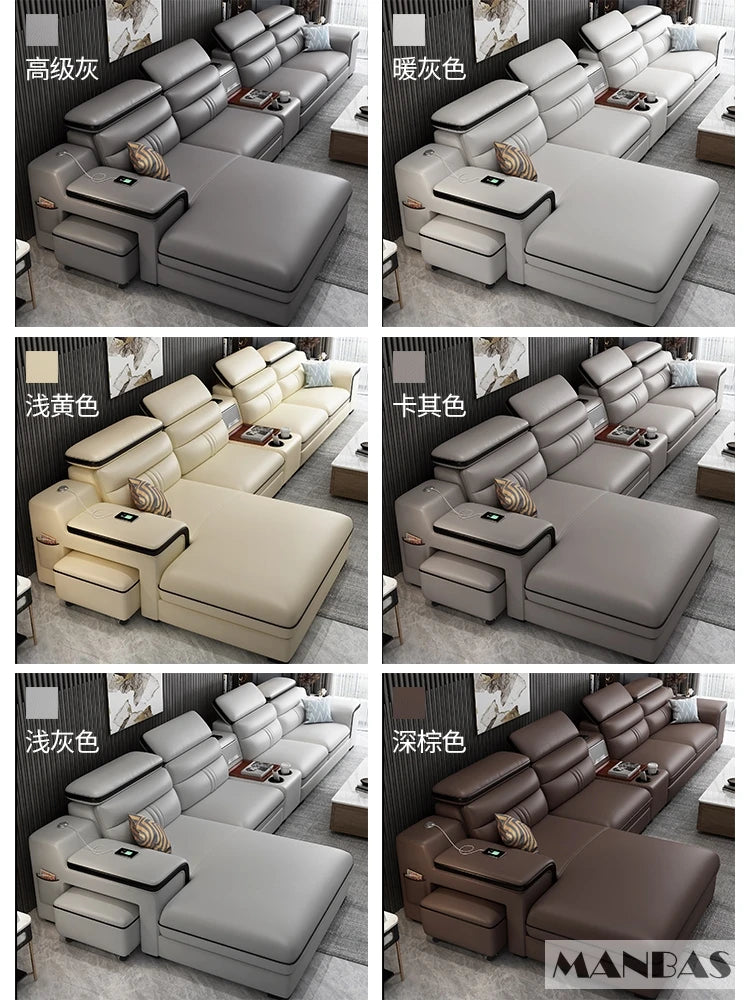 MINGDIBAO Leather Sectional Sofa Set with Cup Holder, USB, Adjustable Headrests & Bluetooth Speaker Living Room Couch with Stool