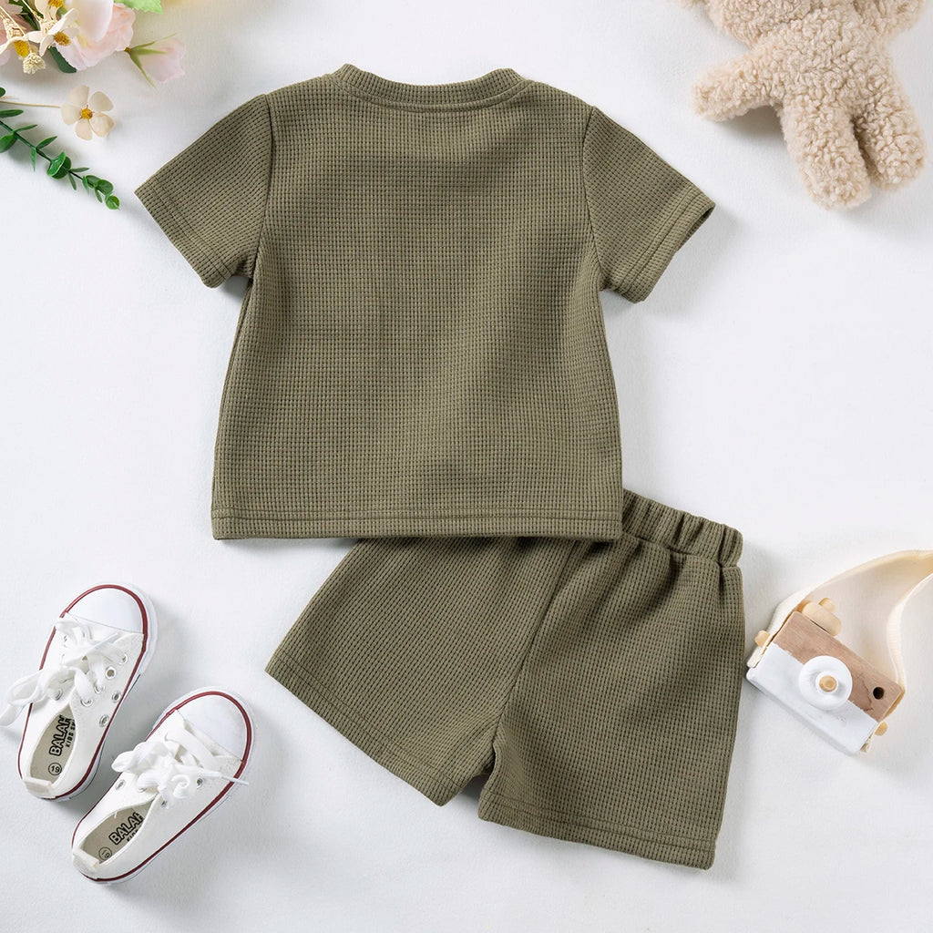 Kids Suit Summer Boys Girls Solid Colour Suit 0-6Y Cute Bear Short Sleeve + Breathable Shorts 2pcs Comfortable and Skin-friendly - Clikcy