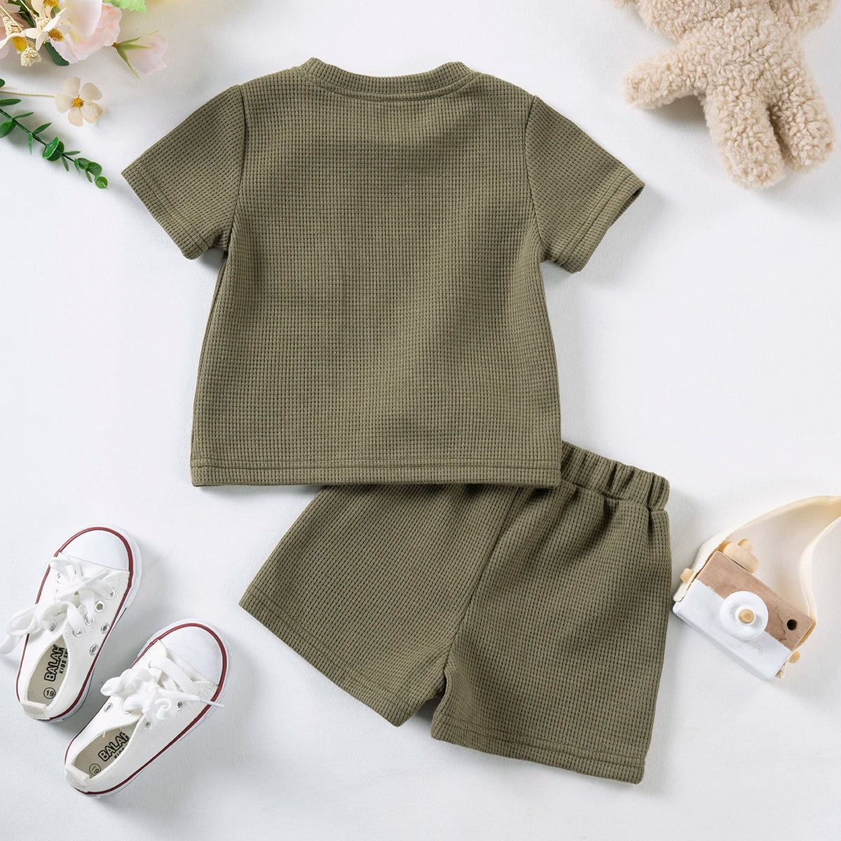 Kids Suit Summer Boys Girls Solid Colour Suit 0-6Y Cute Bear Short Sleeve + Breathable Shorts 2pcs Comfortable and Skin-friendly - Clikcy