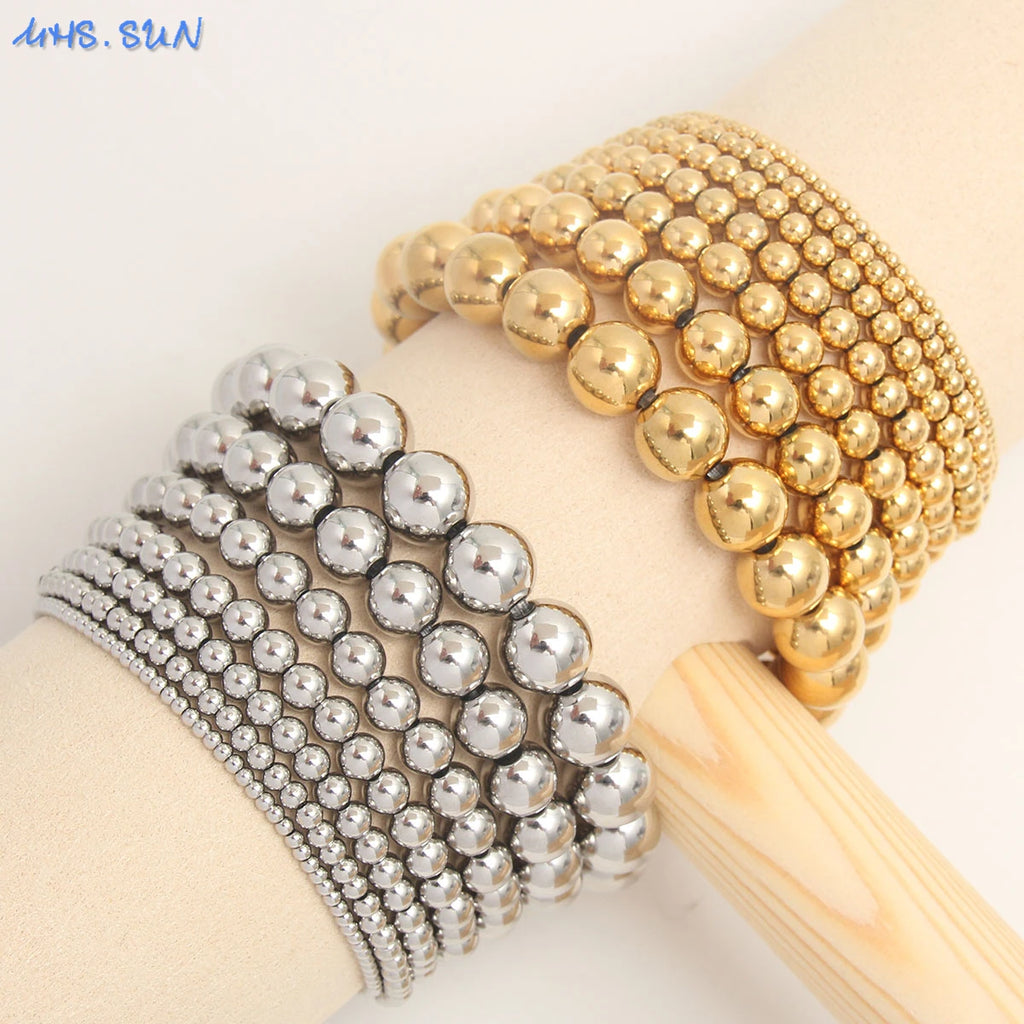MHS.SUN Trend Stretch Stainless Steel Bracelets Gold Sliver Color 2MM 5MM 8MM Stacked Ball Beaded Bracelet For Women Men Jewelry - Clikcy