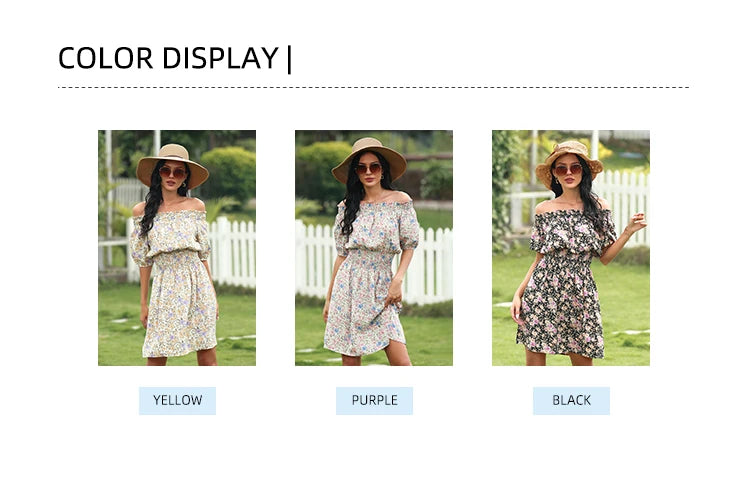 2025 Spring and Summer New Women's Random Printed Pullover Dress One Collar Midi Dress Beach Seaside Holiday - Clikcy