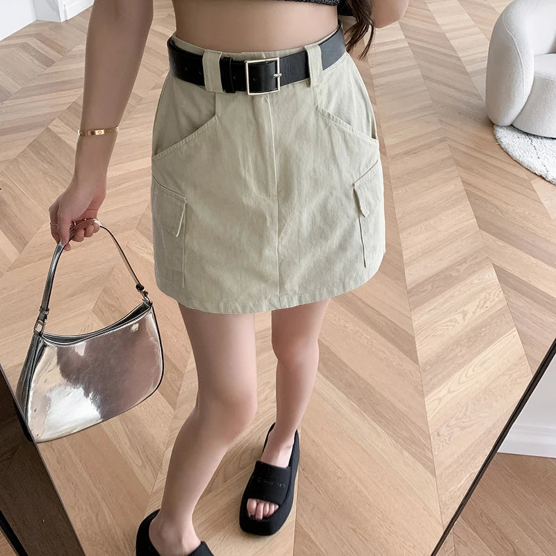 2025 New Spring Summer Vintage Cargo Skirts Women Casual Pockets A-line Short Skirts Ladies Fashion High Waist Mini Skirt - Clikcy