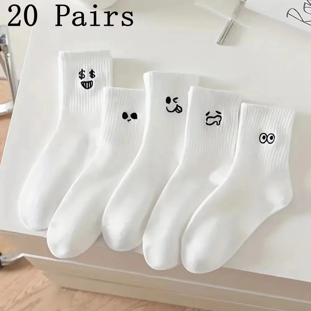 5/10/20 Pairs Men White Cartoon Socks Trendy Versatile Expression Socks With Simple Soft Breathable Comfortable Casual Socks - Clikcy