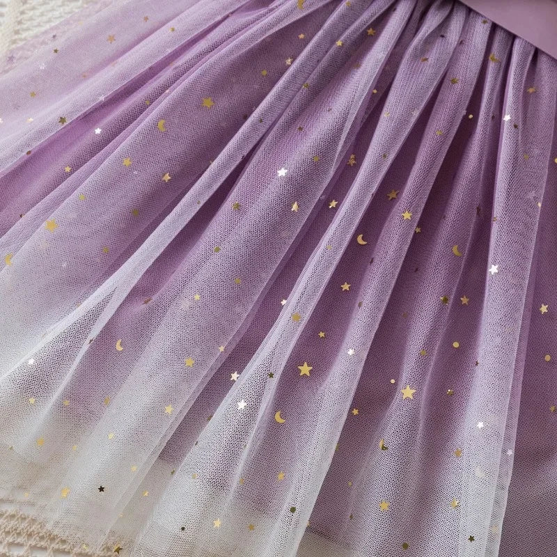 New Children's Dress for 3-8 Yrs Summer Dress Lotus Leaf Edge Design Bow Lace Up Star Sequin Sweet  Tulle Kids Dresses for Girls - Clikcy