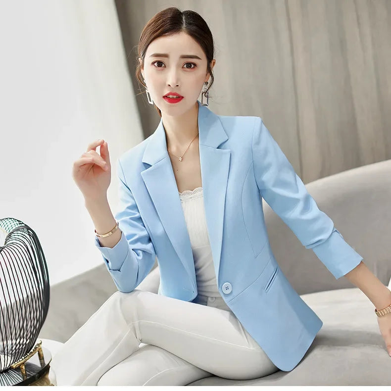 Spring Blue Women's Long-sleeved Suit Jacket, Korean Style Slim Short Coat Women, Asian Size M-XXXL, Girl's Blazers - Clikcy