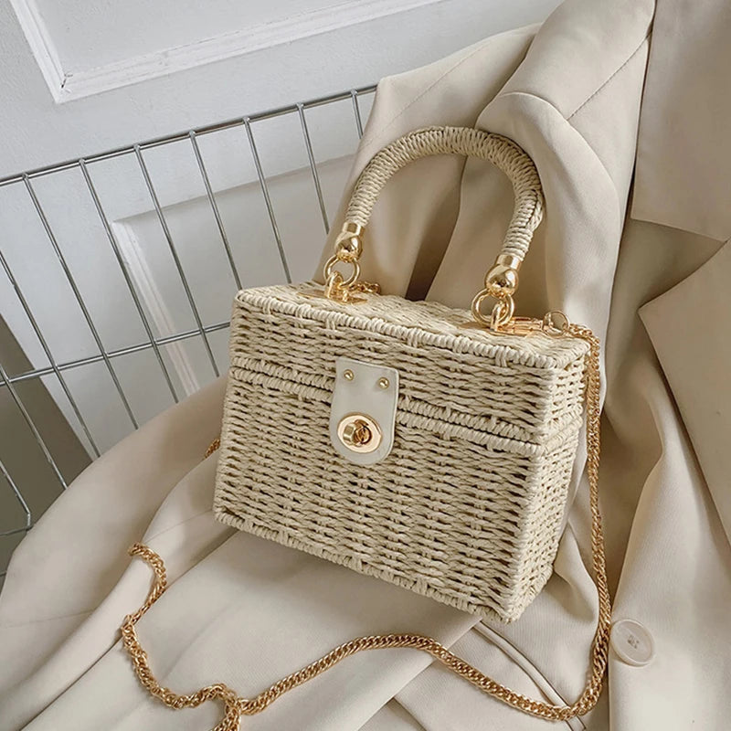 Summer Box Small Purse and Handbags For Women Rattan Straw Woven Crossbody Shoulder Bags Female Fashion Chain Travel Beach Bags - Clikcy