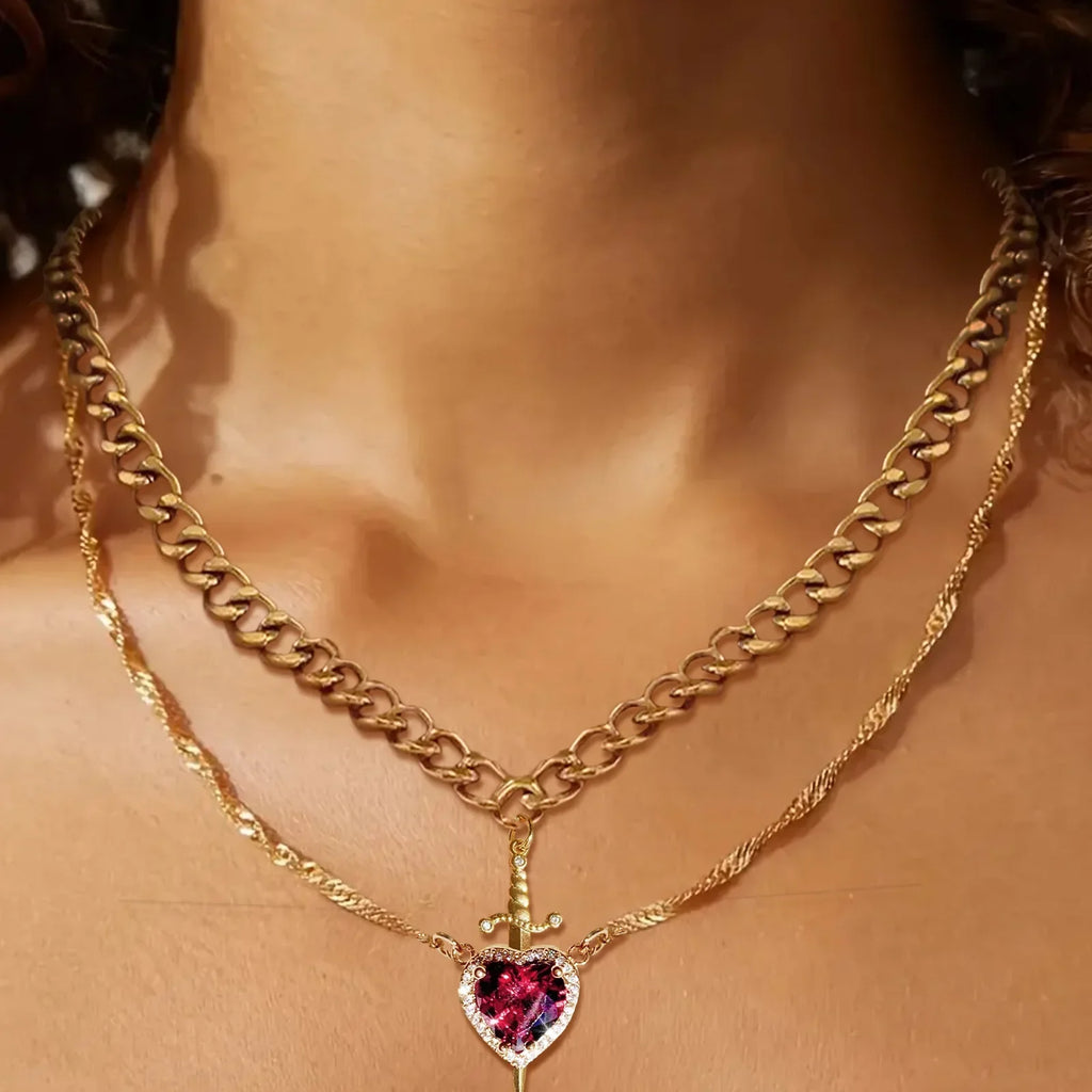 LATS 2pcs Can Be Assembled Heart and Sword Zircon Pendant Necklace for Women Men Couple Silver Gold Plated Choker Chain Jewelry - Clikcy