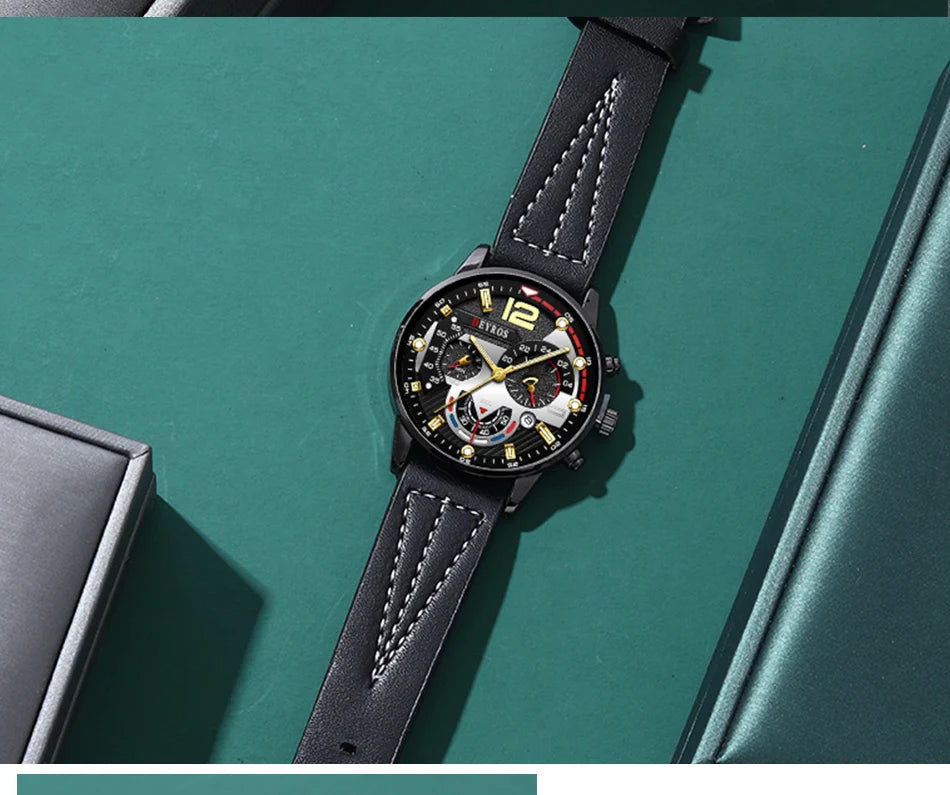 3PCS Set Fashion Mens Watches Luxury Black Leather Quartz Wristwatch Calendar Date Men Business Casual Watch Bracelet Necklace - Clikcy