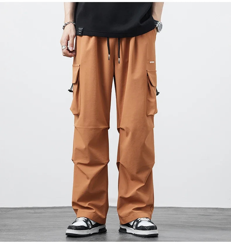 New Plus Size 8XL Men Casual Straight Pants Trousers Ice Silk Fashion Hip Hop Sweatpants Outdoor Stand Pocket Cargo Pants Y2K - Clikcy