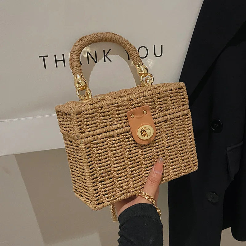 Summer Box Small Purse and Handbags For Women Rattan Straw Woven Crossbody Shoulder Bags Female Fashion Chain Travel Beach Bags - Clikcy