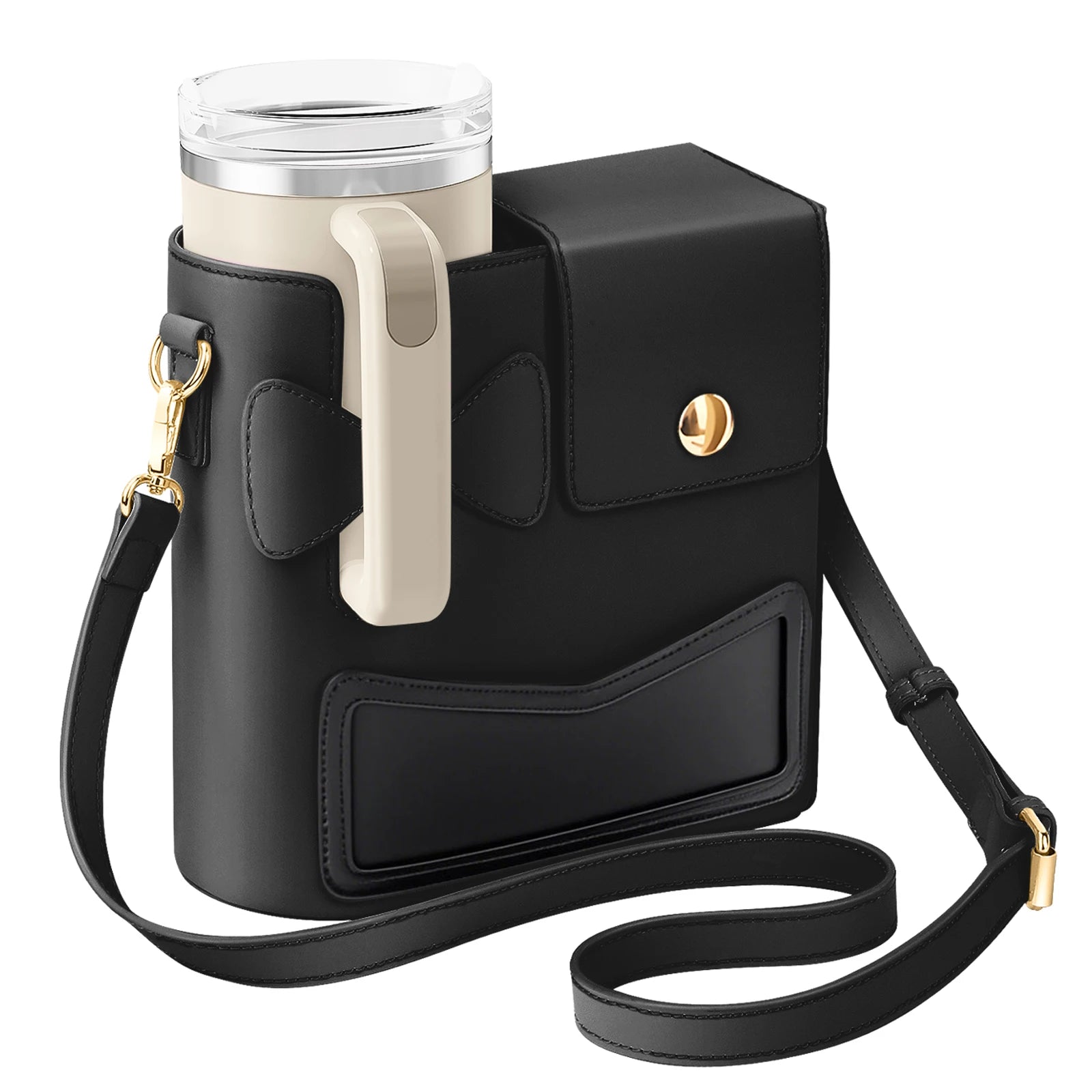 Outdoor Water Bottle Crossbody Bag With Pocket for Stanley Cup 40 oz Tumbler Leather Water Cup Holder With Strap for Women Gifts - Clikcy