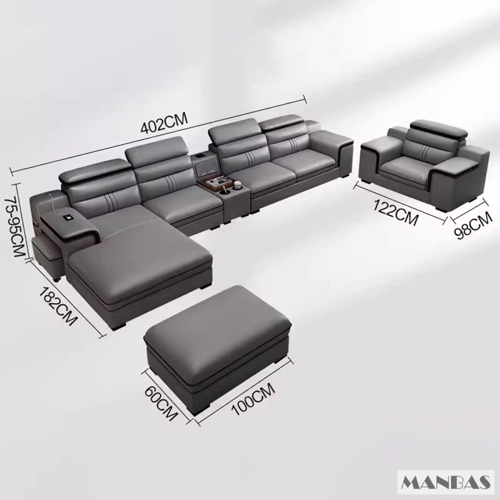 MINGDIBAO Leather Sectional Sofa Set with Cup Holder, USB, Adjustable Headrests & Bluetooth Speaker Living Room Couch with Stool