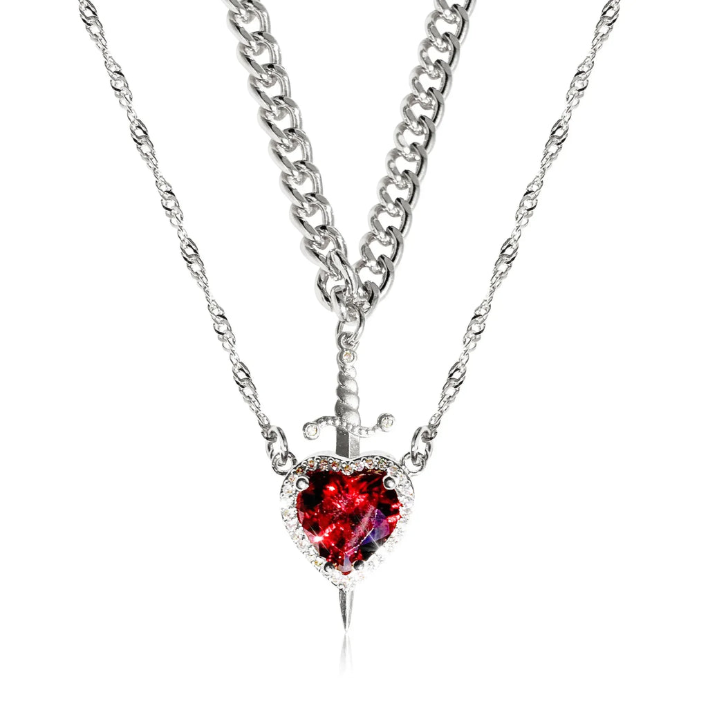 LATS 2pcs Can Be Assembled Heart and Sword Zircon Pendant Necklace for Women Men Couple Silver Gold Plated Choker Chain Jewelry - Clikcy