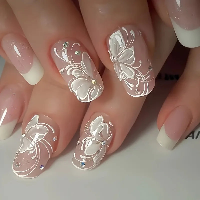 24pcs/set Medium Long fake nails for Spring summer beautiful flowers mushroom bees cute almond square tips press on false nails - Clikcy