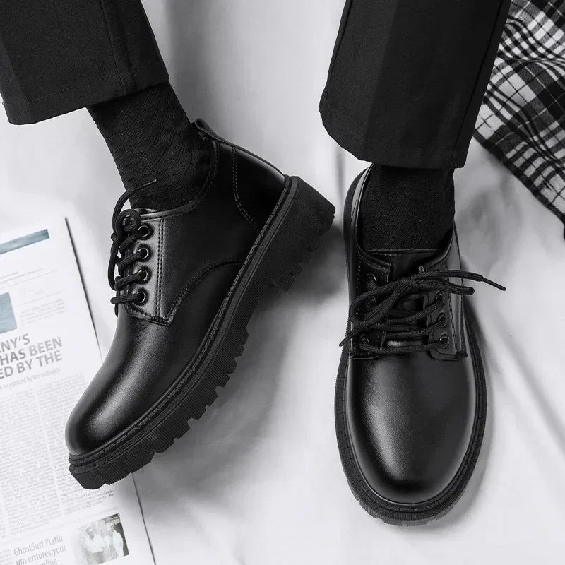 Casual Men's Pure Black Lace-up Height-increasing Business-style Low-heeled, Comfortable and Durable Small Leather Shoes