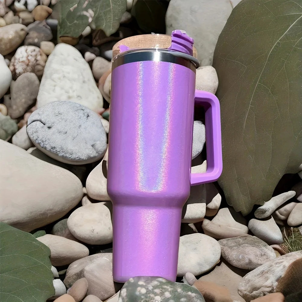 40Oz Stainless Steel thermos cup With Handle Lid and Straw Insulated Rainbow Paint Travel Mug For Hot And Cold Beverages Outdoor - Clikcy