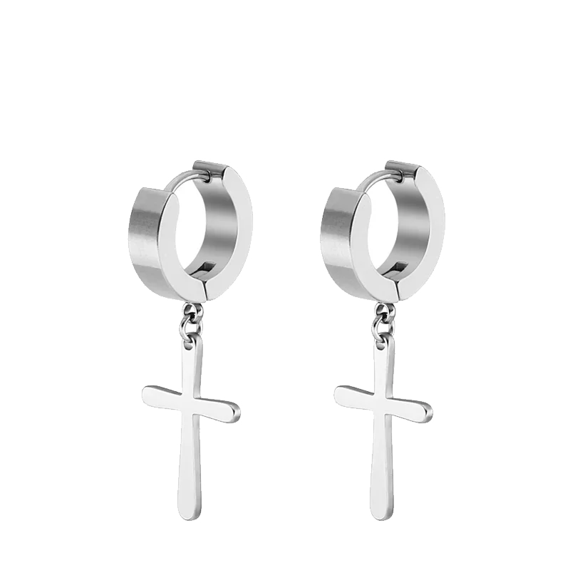 2pc Stainless Steel Men Cross Stars Punk Dangle Earrings Gothic Woman Cross Ear Hoop Earrings Huggies Pendant Piercing Jewelry - Clikcy