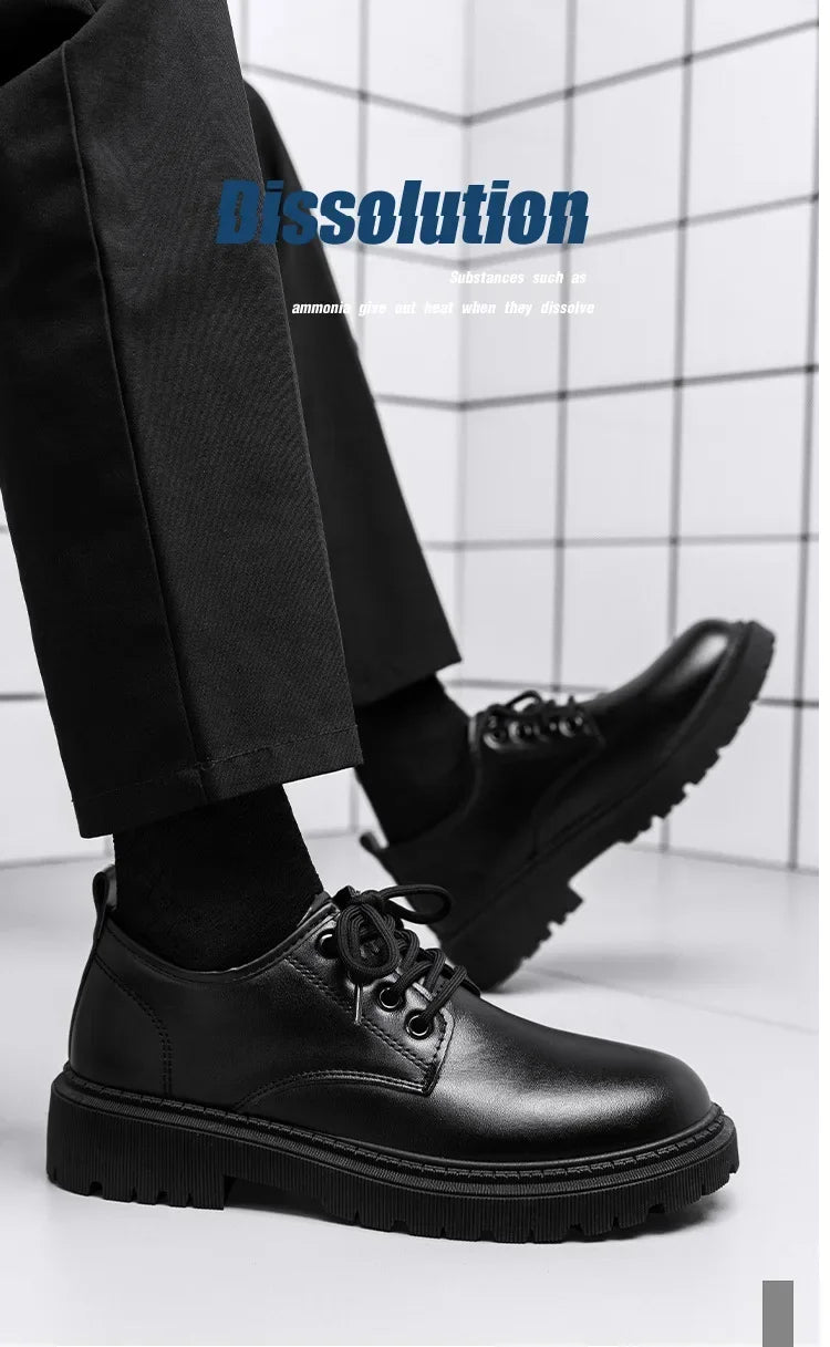 Casual Men's Pure Black Lace-up Height-increasing Business-style Low-heeled, Comfortable and Durable Small Leather Shoes