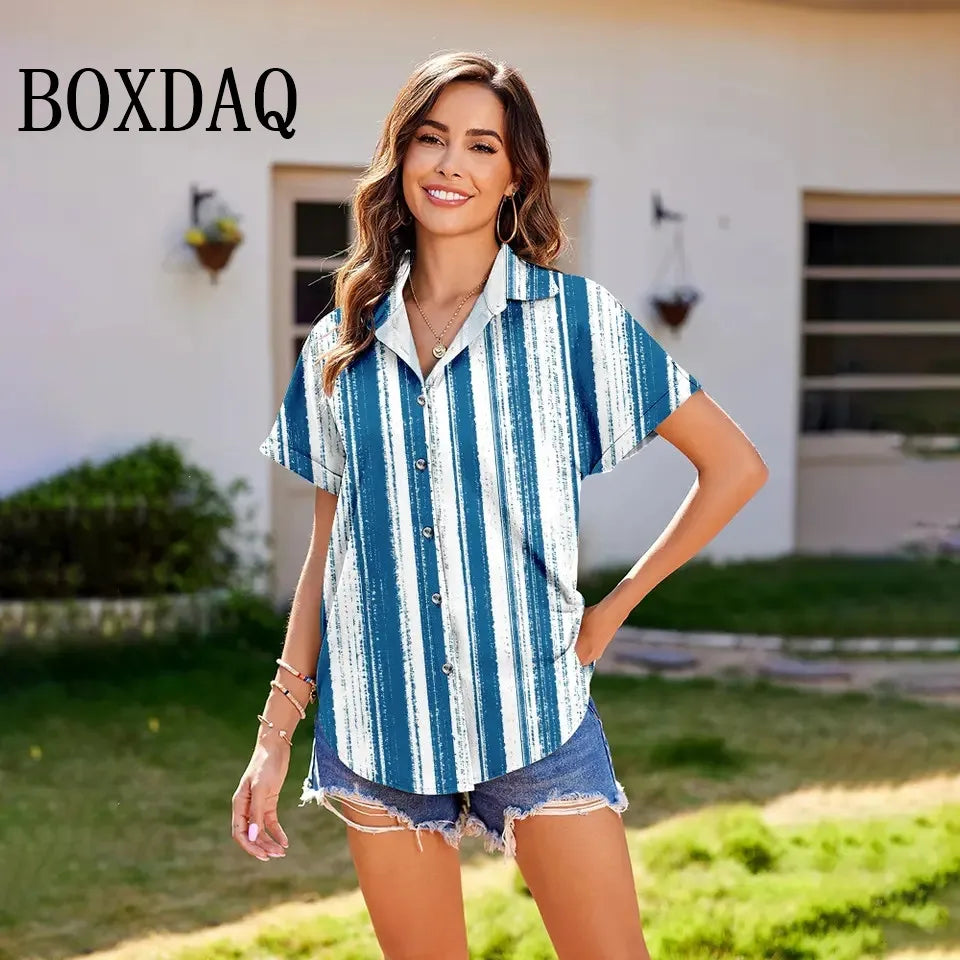 Summer Women'S Shirt Vintage Striped Lapel Blouses Women'S Plus-Size Loose Short Sleeve Tops Fashion Button Casual Blouse Shirt - Clikcy
