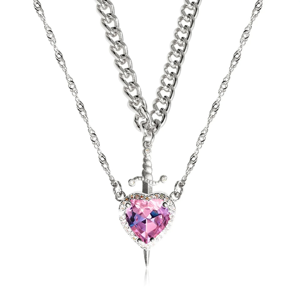 LATS 2pcs Can Be Assembled Heart and Sword Zircon Pendant Necklace for Women Men Couple Silver Gold Plated Choker Chain Jewelry - Clikcy