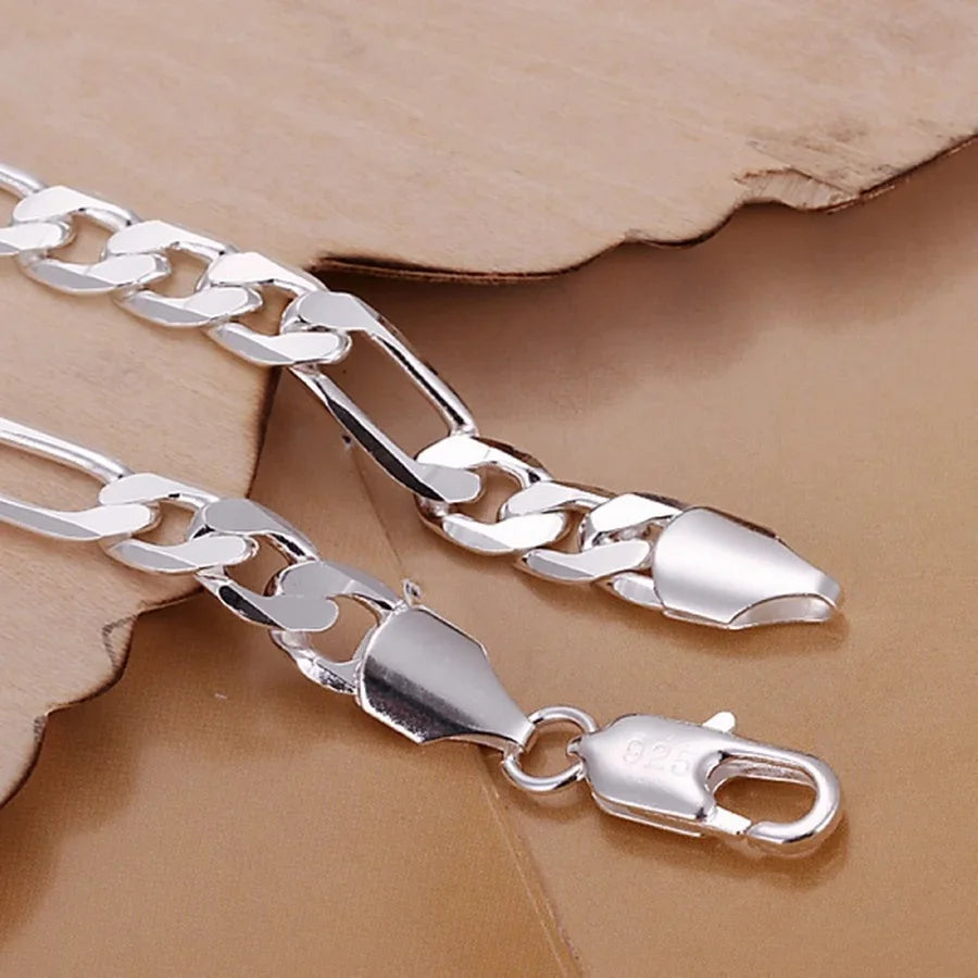 Fine 925 Sterling silver bracelets 6-8mm Women Men chain wedding fashion top quality Silver Jewelry Figaro 20cm - Clikcy