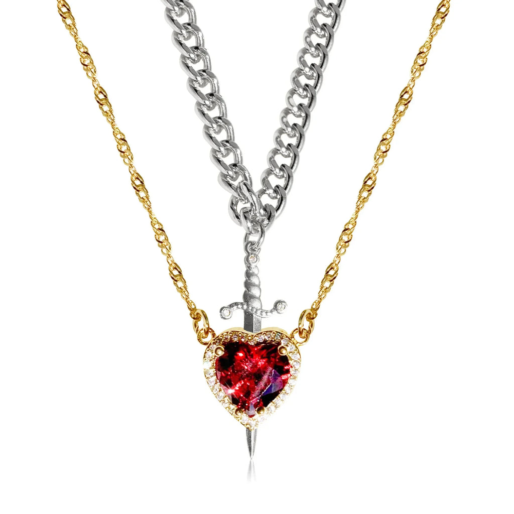 LATS 2pcs Can Be Assembled Heart and Sword Zircon Pendant Necklace for Women Men Couple Silver Gold Plated Choker Chain Jewelry - Clikcy