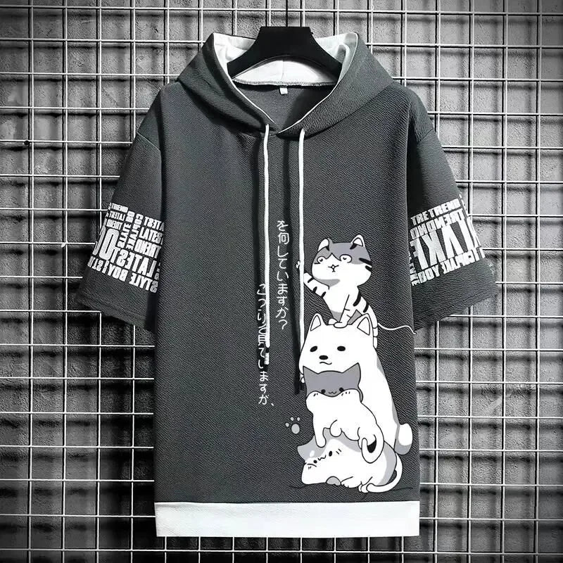 Summer T shirt Men's Hoodies Men Clothing Casual Harajuku Streetwear Print Hooded Top Short Sleeve Sweatshirts Men - Clikcy