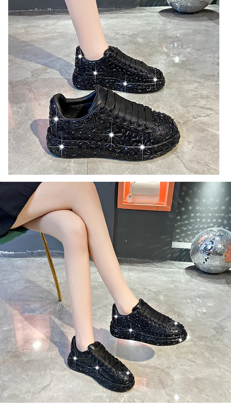 2025 Autumn Leather Women Shoes New Style Fashion Platform Shoes Ins Platforms Sneakers Tide Shine Bling Rhinestone Shoes - Clikcy