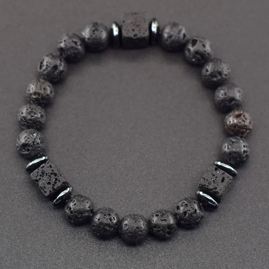 New Fashion Natural Stone Bracelet Men 8mm Onyx Lava Obsidian Strand Braclet Healing Beaded Bracelet Leisure Pulsera Accessories - Clikcy