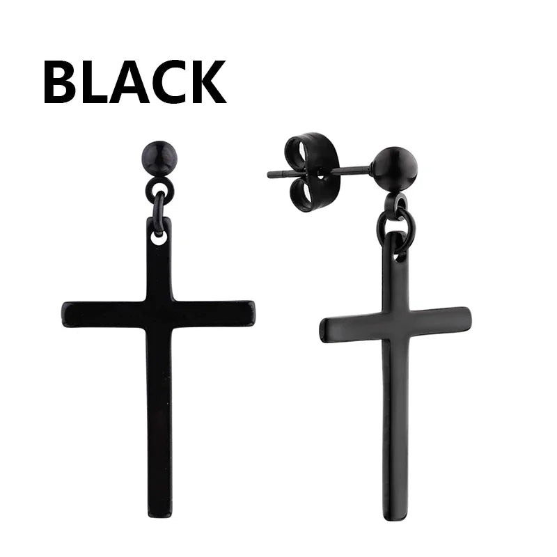 2pc Stainless Steel Men Cross Stars Punk Dangle Earrings Gothic Woman Cross Ear Hoop Earrings Huggies Pendant Piercing Jewelry - Clikcy