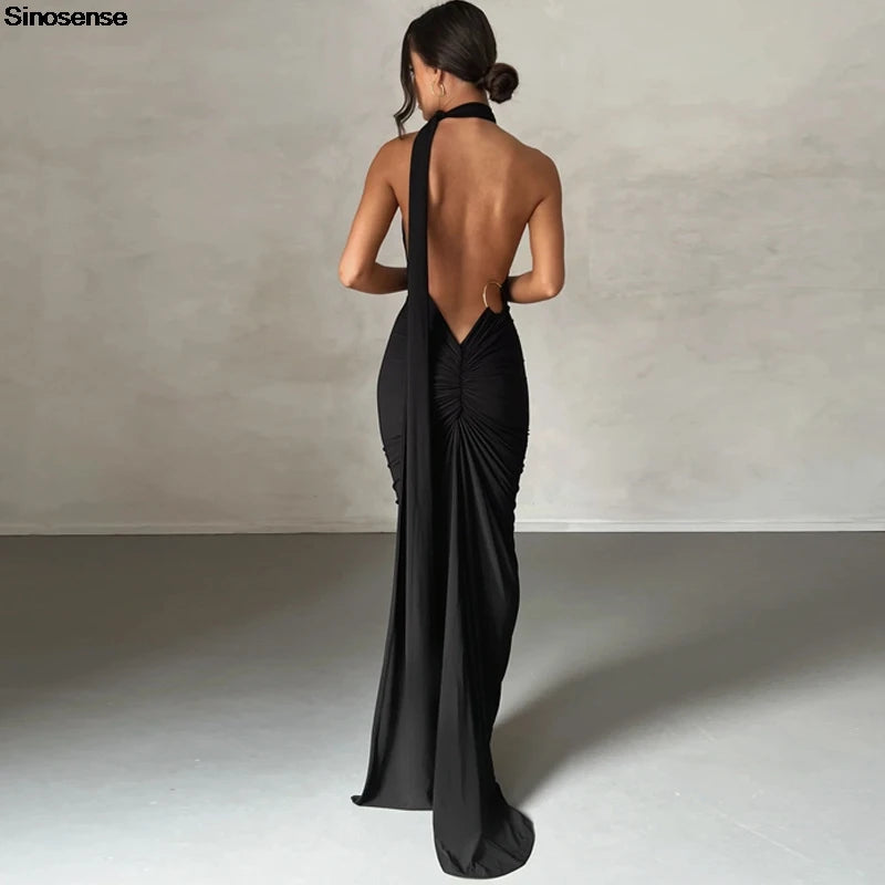 Womens Elegant Evening Party Cocktail Long Dress Sexy Backless Open Back Ruched Slim Bodycon Formal Wedding Guest Maxi Dress - Clikcy