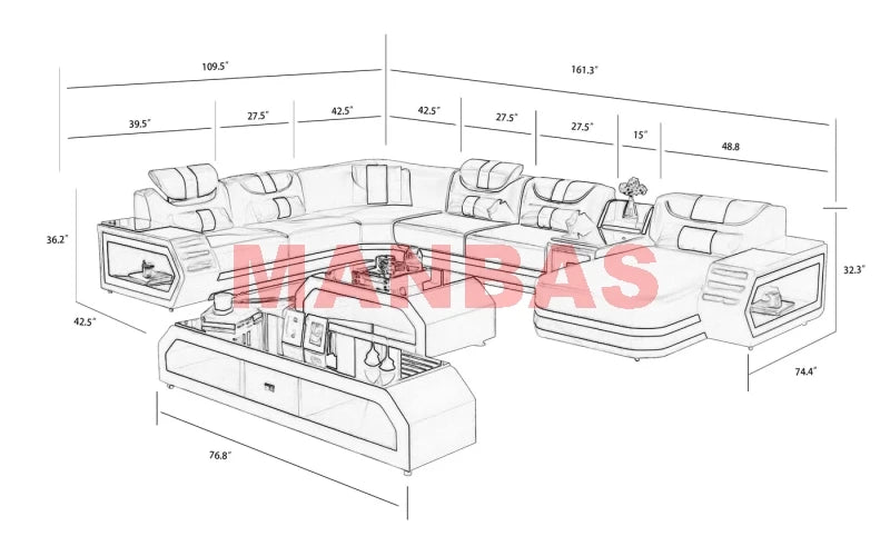 MANBAS Italian Genuine Leather Sectional Sofa with LED Lights | Futuristic Furniture U Shape Couch Living Room Big Sofas Set - Clikcy