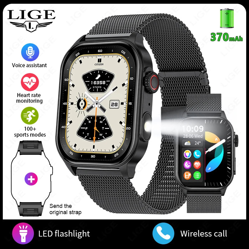 LIGE Smart Watch for Men 3ATM Waterproof Bluetooth Call Health Monitor With Flashlight 370mahBattery 100+Sport Mode Smartwatches - Clikcy