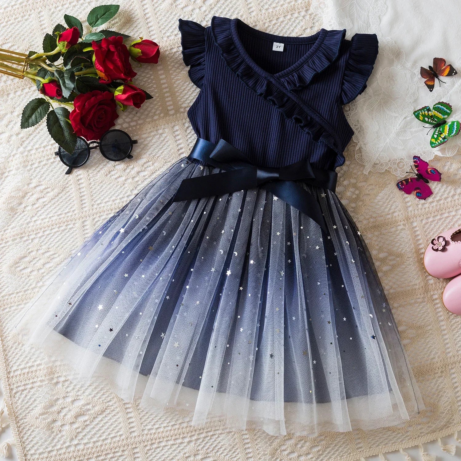 New Children's Dress for 3-8 Yrs Summer Dress Lotus Leaf Edge Design Bow Lace Up Star Sequin Sweet  Tulle Kids Dresses for Girls - Clikcy