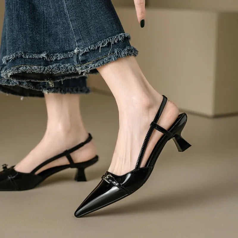 2024 New Summer Women's Dress Shoes Patent Leather Slip on Pointed Toe Sandals Buckle Slingbacks Mid Heels Pumps Sandalias Mujer - Clikcy