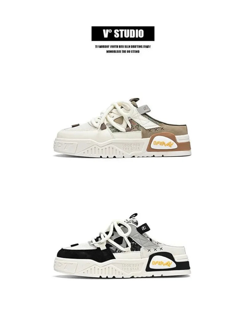 2025Summer Fashion Designer Men Half Slipper Breathable Casual Platform Shoes Lightweight Sneakers Outdoor Walking Flats Loafers