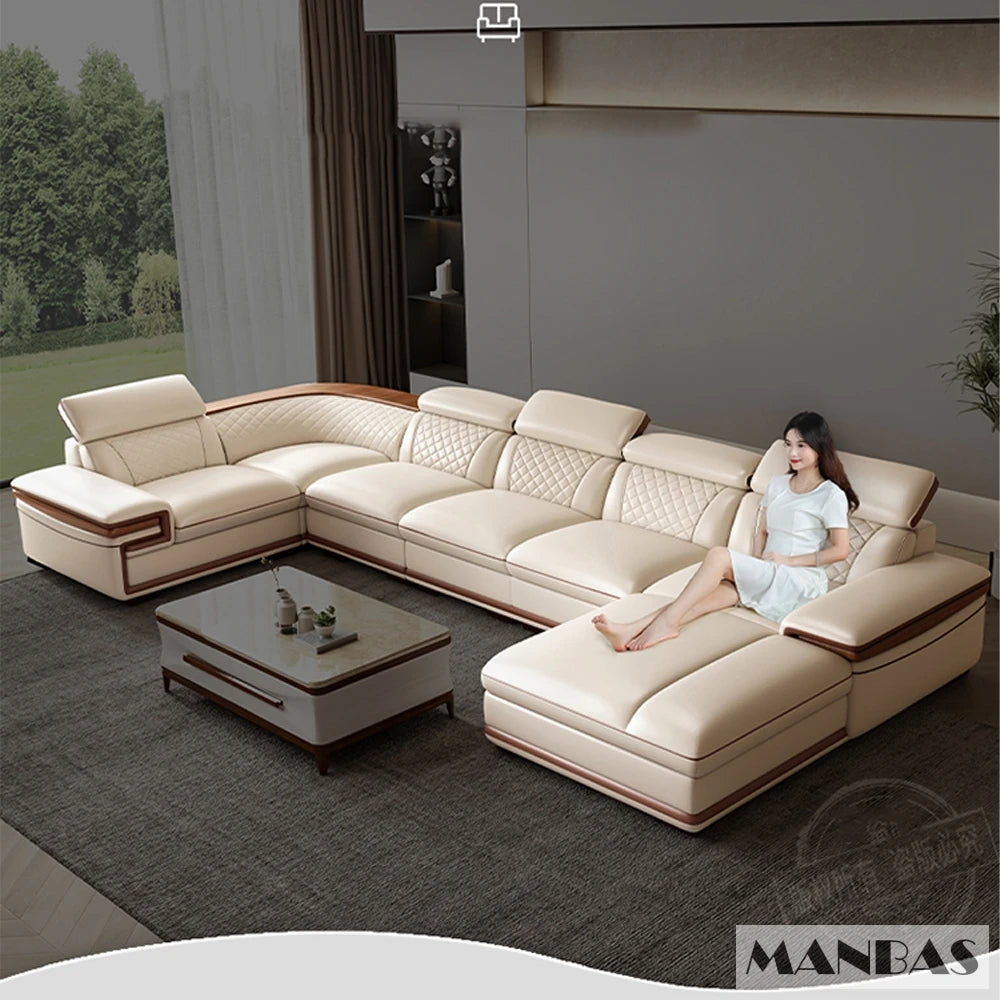 MINGDIBAO Premium Italian Genuine Leather Sofa Set for Living Room with Adjustable Headrests, Bluetooth Speaker, Wireless Charge - Clikcy