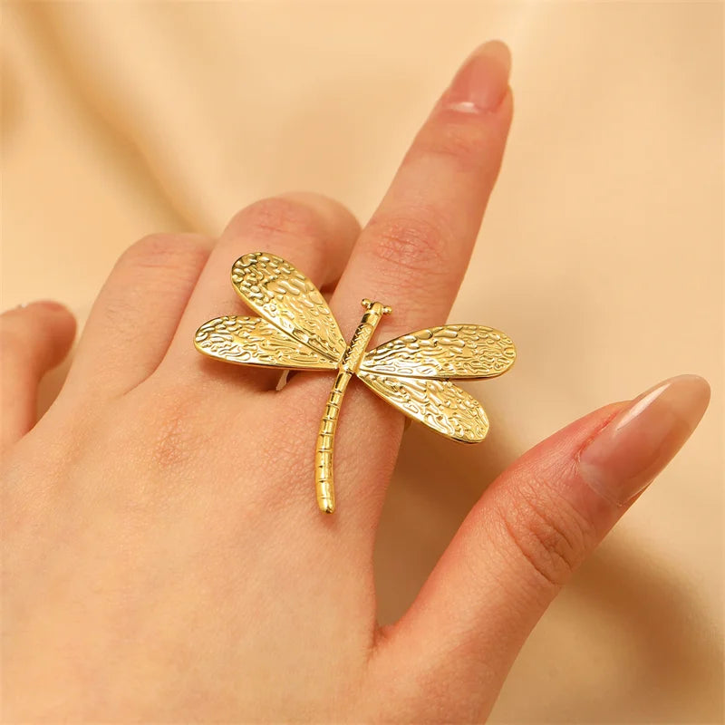 EILIECK  316L Stainless Steel New Design Dragonfly Ring Jewelry Women 18 K Plated Metal Texture Gold Color Ring Accessories - Clikcy