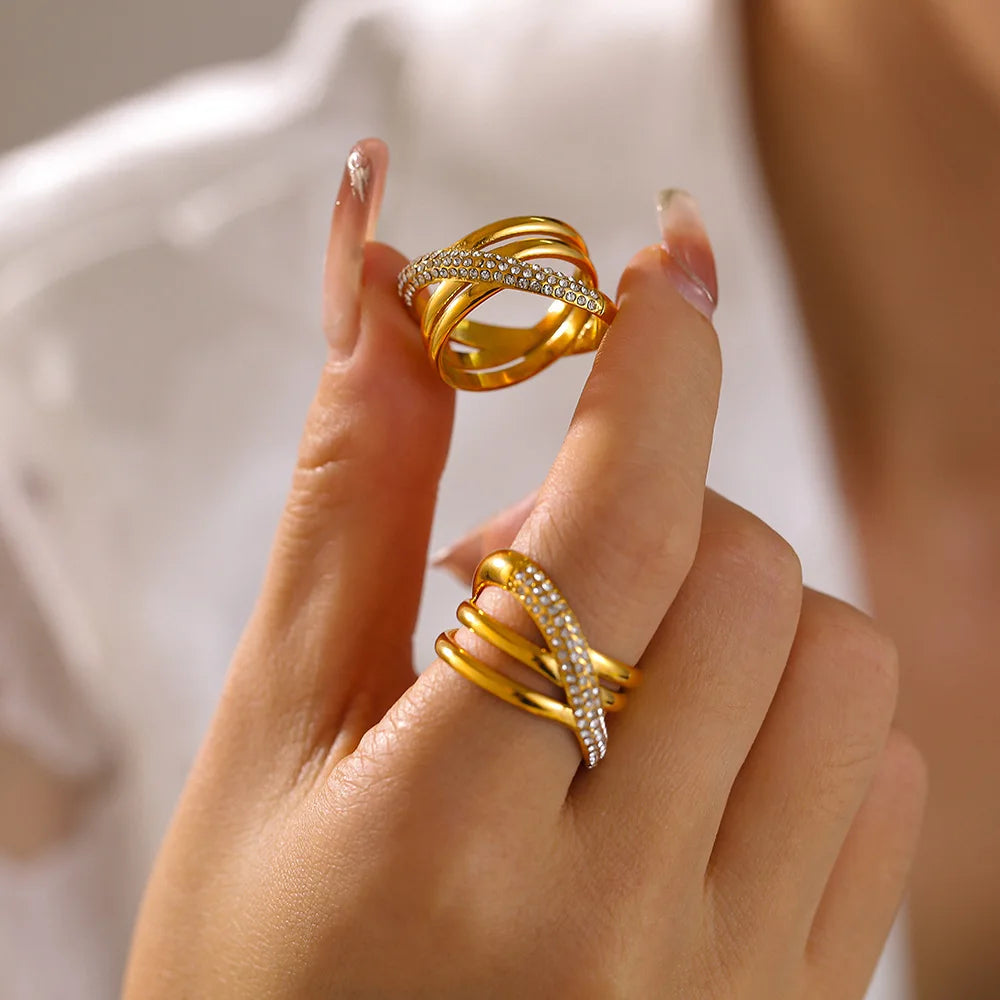 Chic Stainless Steel Rings for Women Inlaid CZ Women Rings Wedding Banquet Charm Rings Waterproof Gold Plated Jewelry - Clikcy