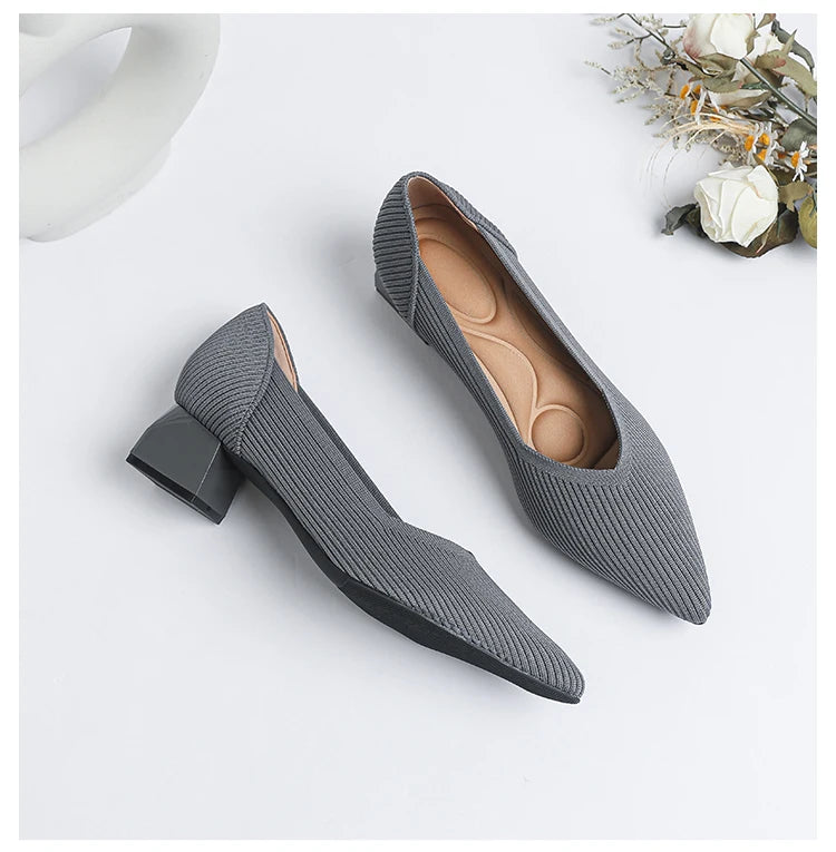 Women's large high-heeled shoes Multicolor pointy knit breathable comfortable anti-skid rubber sole work shoes 2023 new autumn