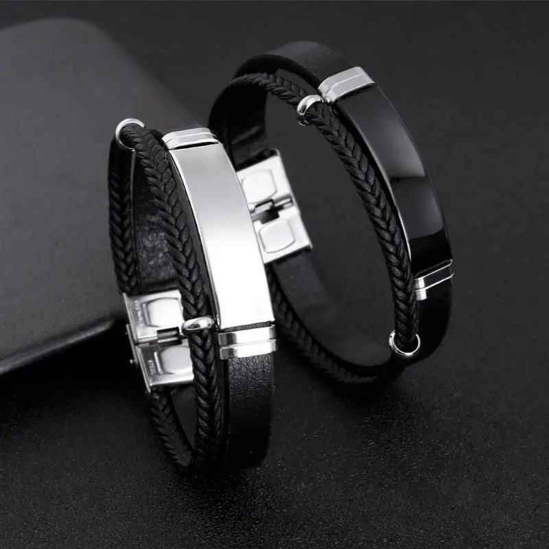 Homme Stainless Steel Bracelet Double Layer Twist Braid Leather Rope Bracelets For Men Hiphop Rock Fashion Jewelry Accessories - Clikcy