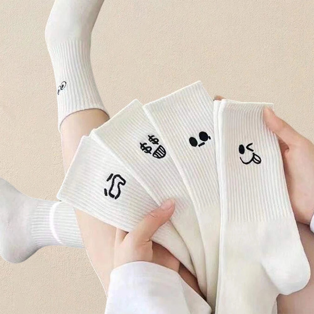 5/10/20 Pairs Men White Cartoon Socks Trendy Versatile Expression Socks With Simple Soft Breathable Comfortable Casual Socks - Clikcy