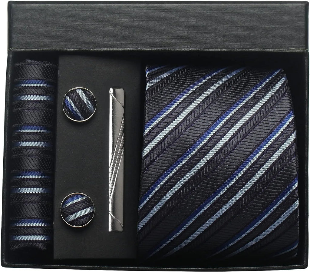Classic 100% Silk Men's Ties In Gift box 8cm Plaid Dot Striped Business Necktie Handkerchief Cufflinks Wedding Party Tie Set