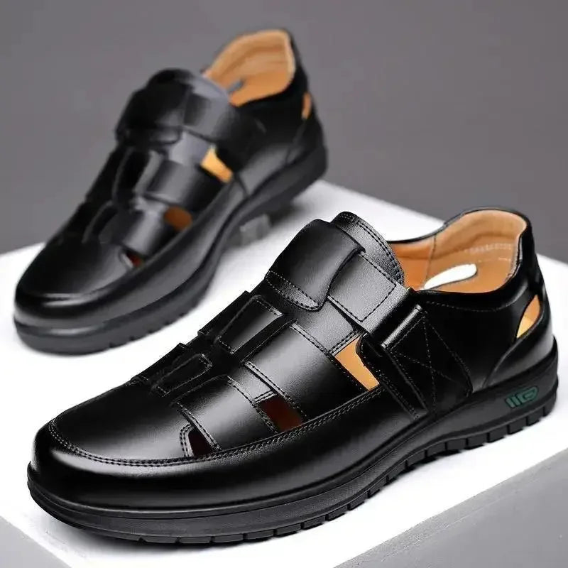 Summer New Men's Hollow up PU Leather Breathable Sandals Non-slip Flat Soft Bottom Handmade Trendy Design Shoes Men's Shoes - Clikcy