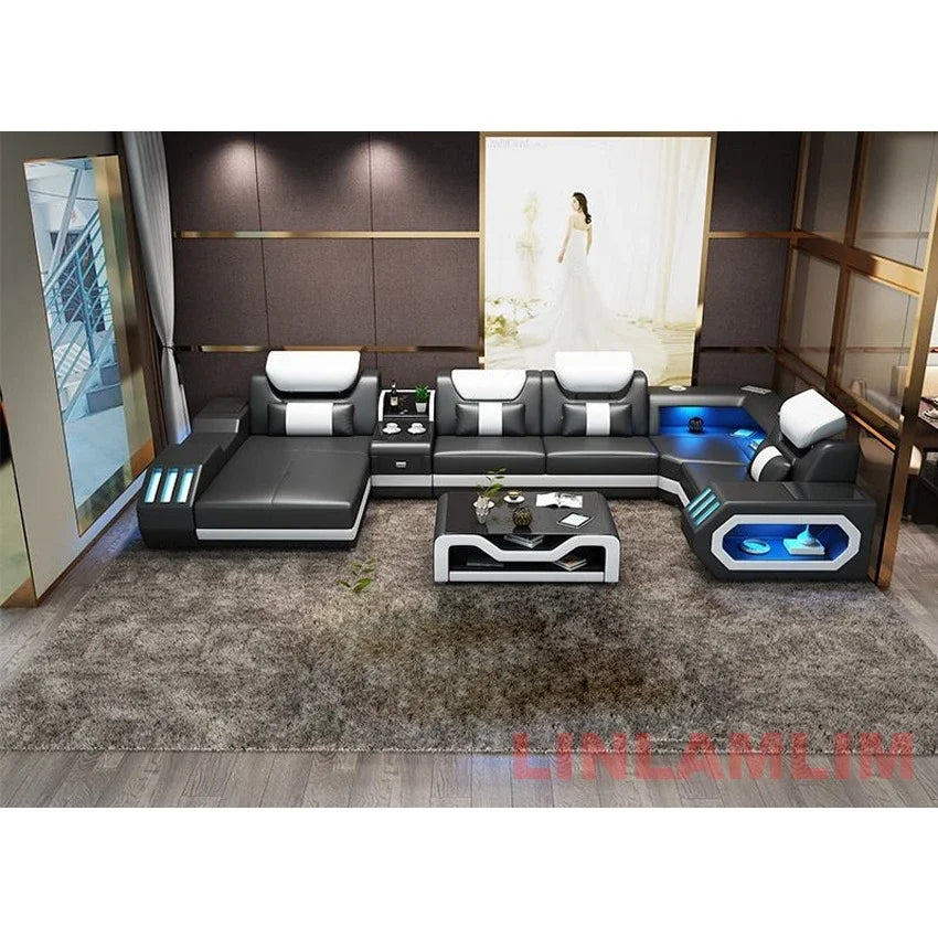 LED Lighted Sofa Set with Recliner, Speaker & USB Ports | Genuine Leather Sectional Couch with Console & Adjustable Headrests - Clikcy