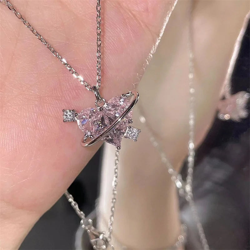 Y2K Pink Planet Heart Zircon Pendant Necklaces Women Fashion Aesthetic Clavicle Chain Necklace Valentines Day Gift Party Jewelry - Clikcy
