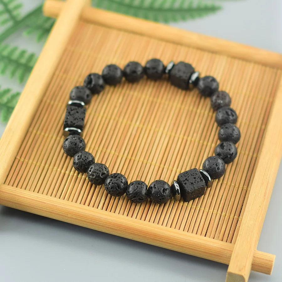New Fashion Natural Stone Bracelet Men 8mm Onyx Lava Obsidian Strand Braclet Healing Beaded Bracelet Leisure Pulsera Accessories - Clikcy
